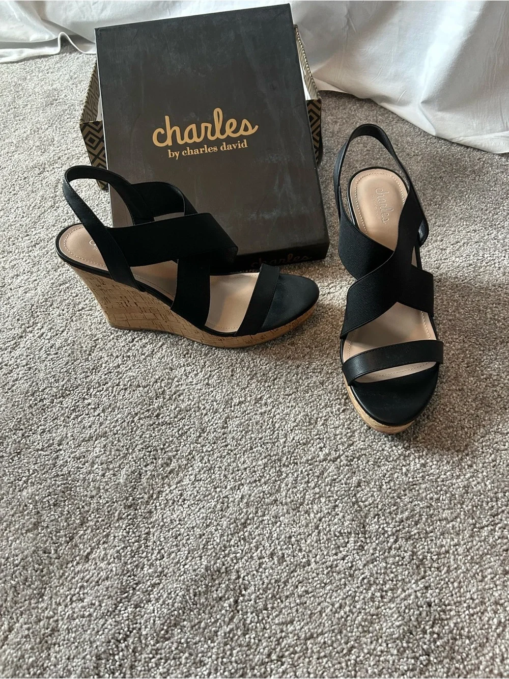 Charles By Charles David Black Strappy Cork Wedge Sandals